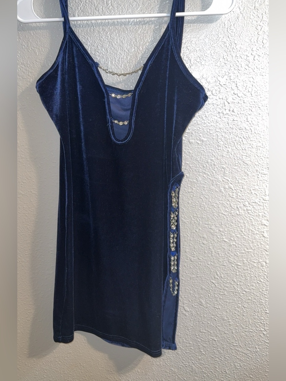 Navy Velvet Mini Dress with Rhinestone Chain Accents